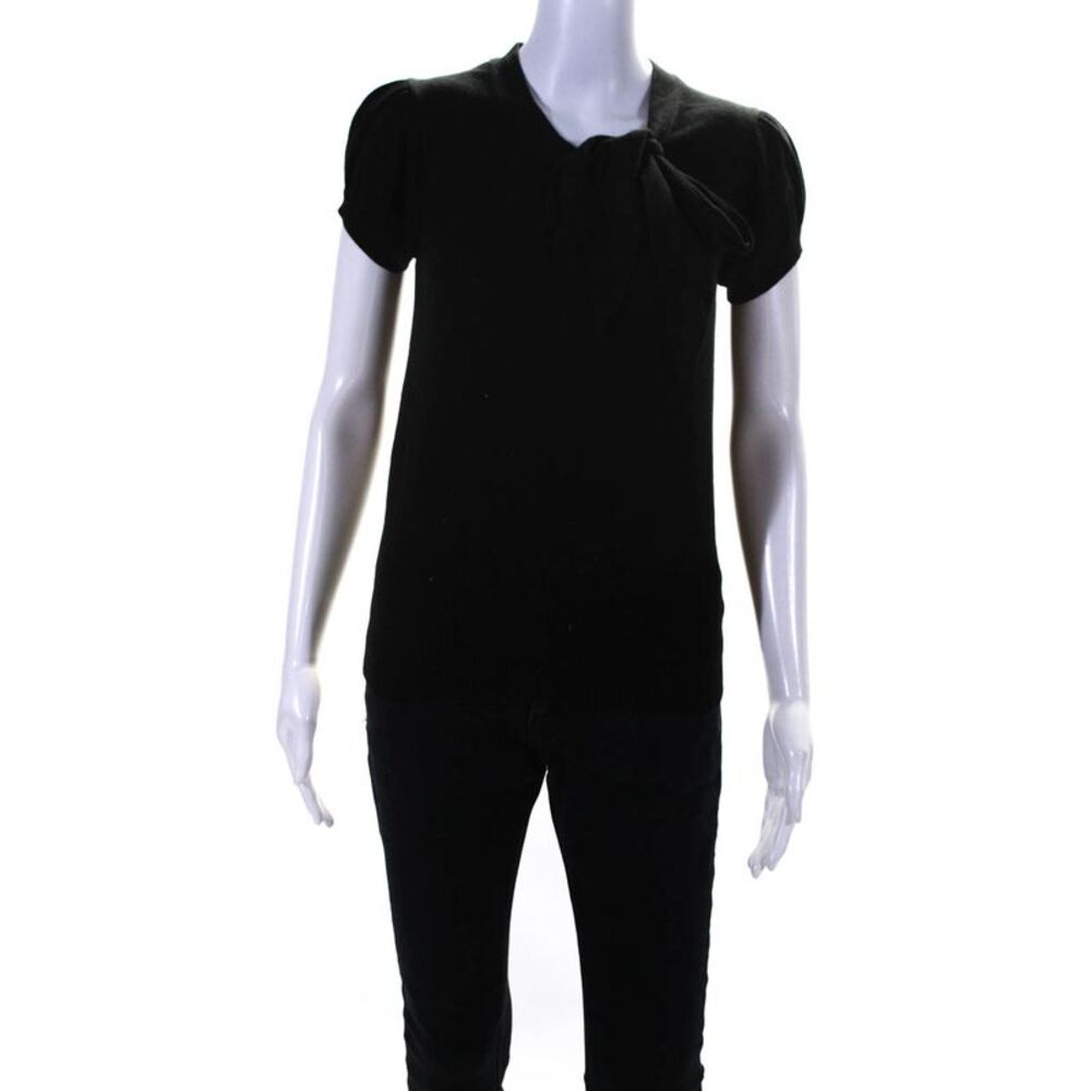 Shadow Lion Womens Short Sleeve Tie Neck Thin Knit Sweater Black Size Small